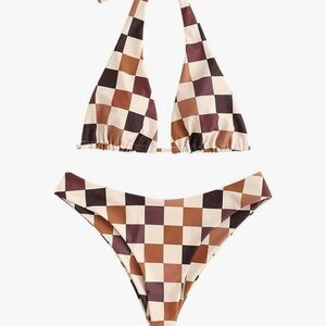 Zaful Checkerboard Triangle Bikini in Cream, Light Brown & Dark Brown NWT Sz S